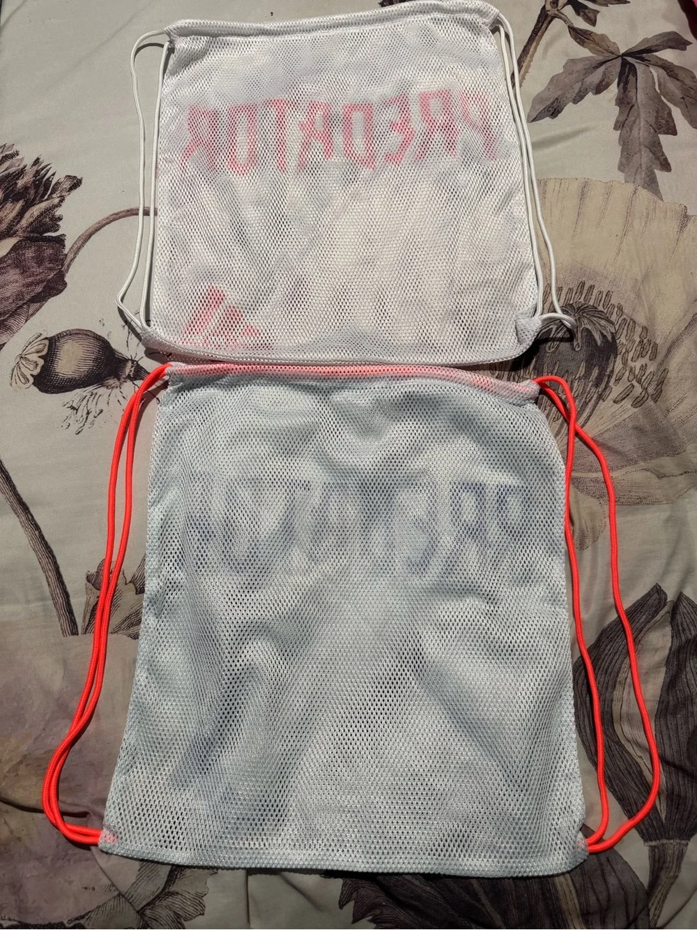adidas Predator Mesh Drawstring Bags in White with Red and Blue Accents